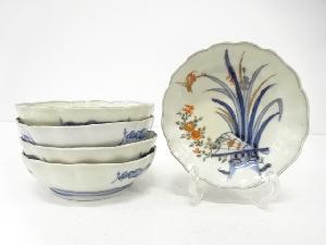 古伊万里　染付赤絵　鶴に花　なます皿　5客揃